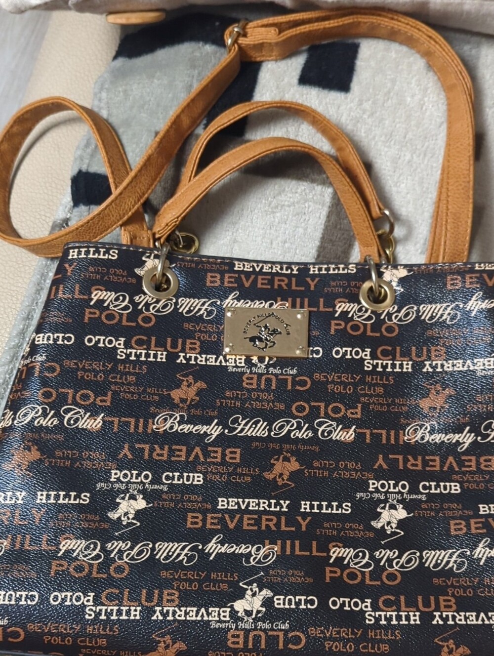 Beverly Hills Polo Club Black & Tan Logo Satchel with Gold Plate